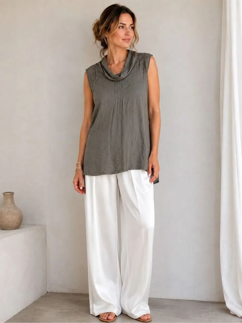 Street One Gray Olive Sleeveless Cowl Neck Lace Detail Tunic Top Size XL